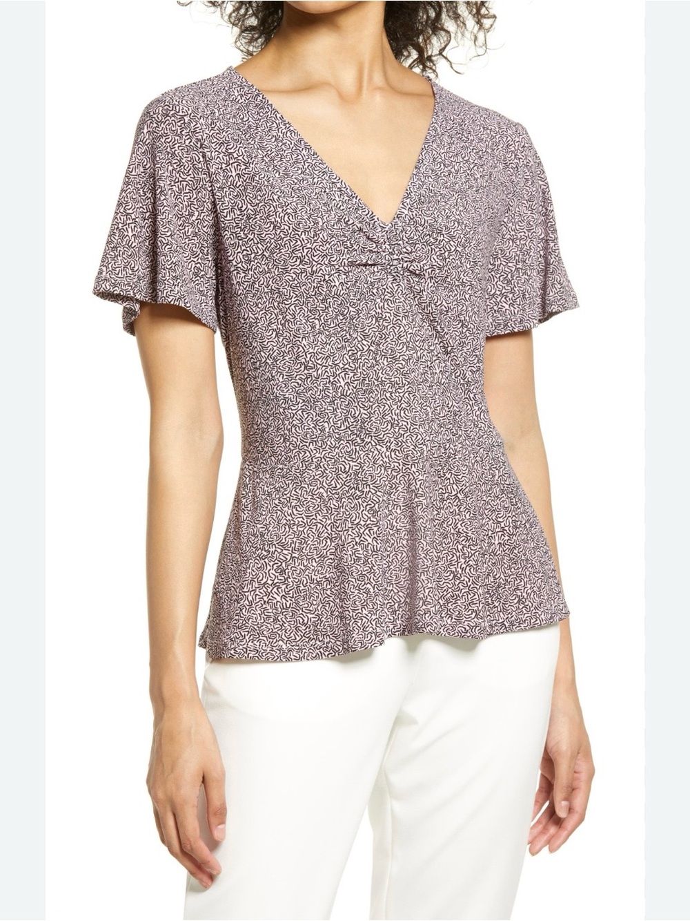 Halogen Front Cinch Black and Light Pink Abstract V-Neck Flutter Sleeve Blouse
